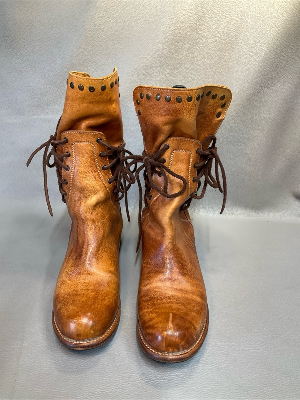 BED|STU Cognac Brown Leather Lace-Up Studded Ankle Boots - Picture 3 of 11